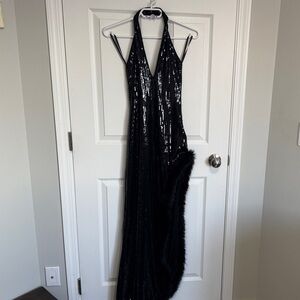 Black Sequin Halter Evening Dress